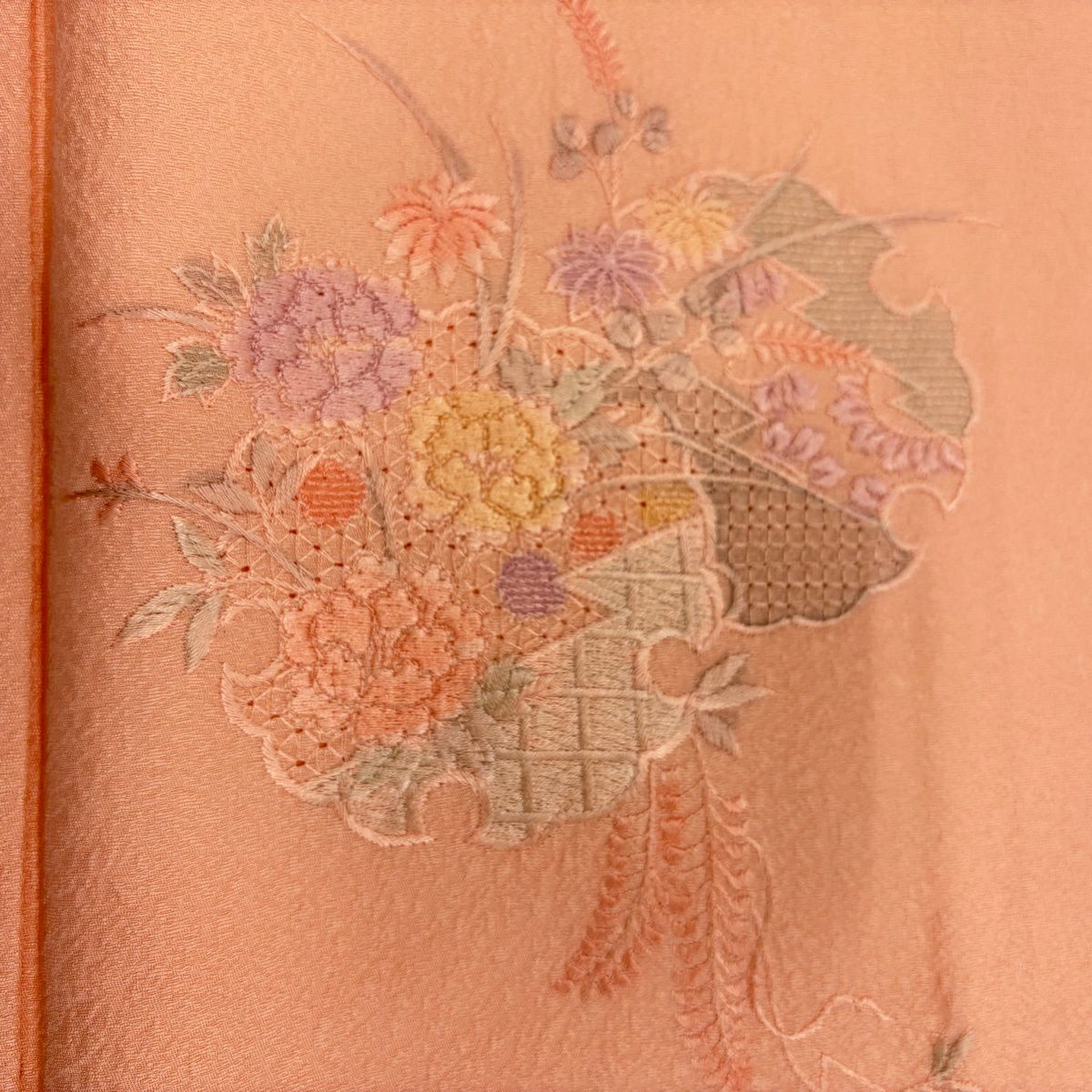 【美品】 付下 身長159cm 袖長66.5cm M 雙層 雪輪 草花紋刺繡 漸層 鮭粉色 純蠶絲 優品級