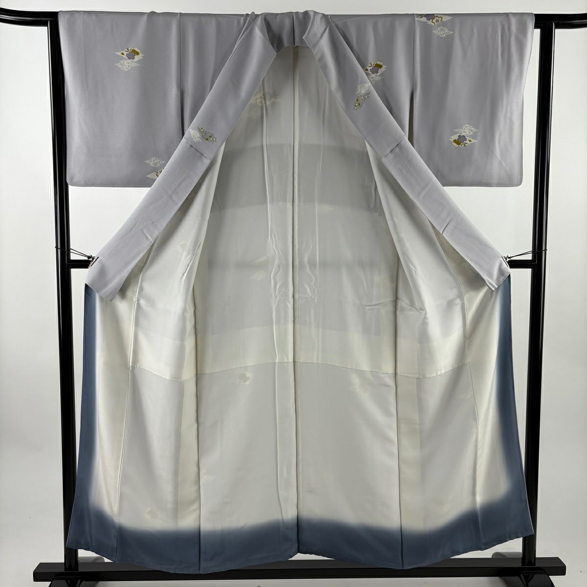 小紋 身長154.5cm 袖長62cm S 雙層 櫻花 松樹皮菱 金銀彩 淺紫 純蠶絲 優品級
