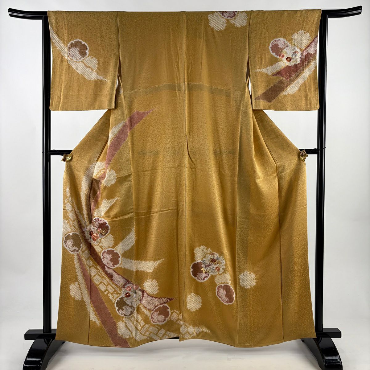 訪問服 身長161cm 袖長64.5cm M 雙層 草花紋紋 雪輪刺繡 絞染 山吹 純蠶絲 秀品級