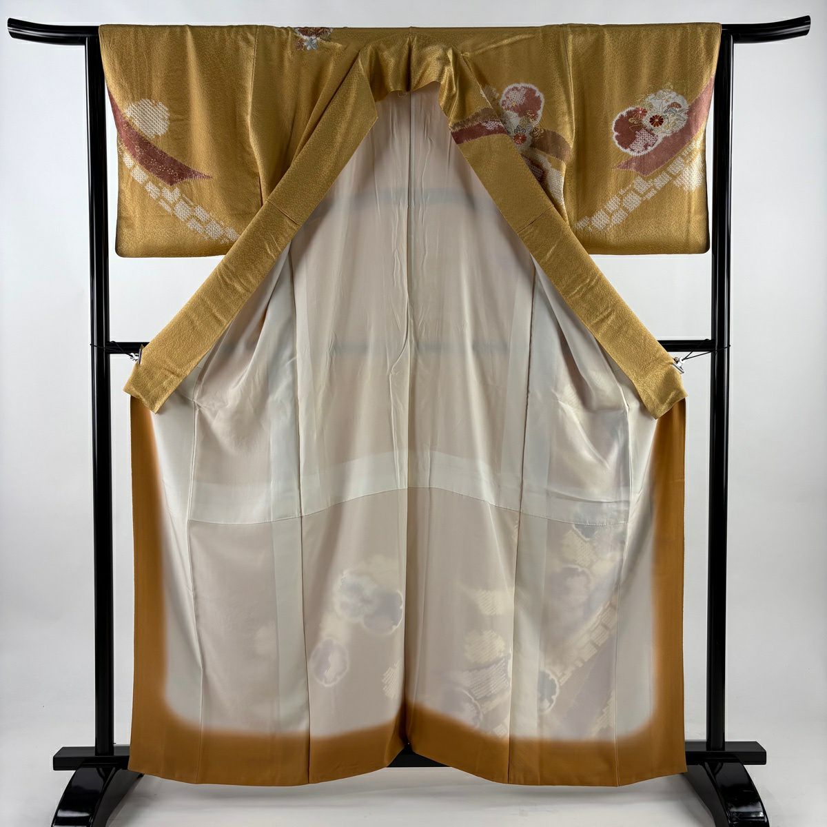 訪問服 身長161cm 袖長64.5cm M 雙層 草花紋紋 雪輪刺繡 絞染 山吹 純蠶絲 秀品級