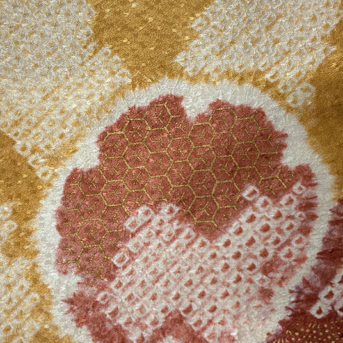 訪問服 身長161cm 袖長64.5cm M 雙層 草花紋紋 雪輪刺繡 絞染 山吹 純蠶絲 秀品級