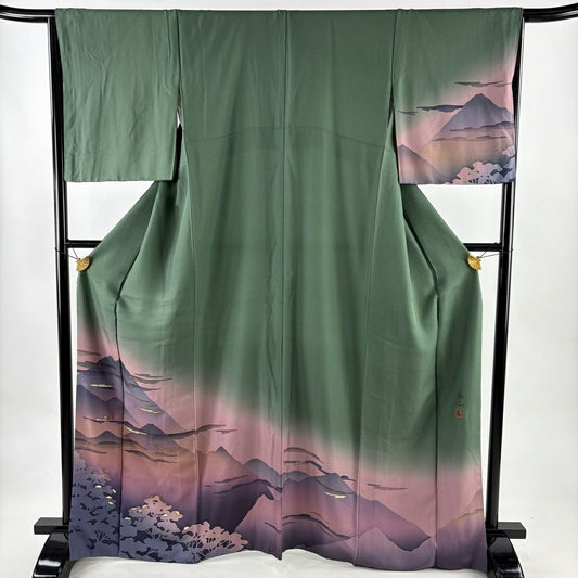 付下 身長165.5cm 袖長65.5cm M 雙層 落款 山並 霞 螺鈿 金銀彩 綠 純蠶絲 秀品級