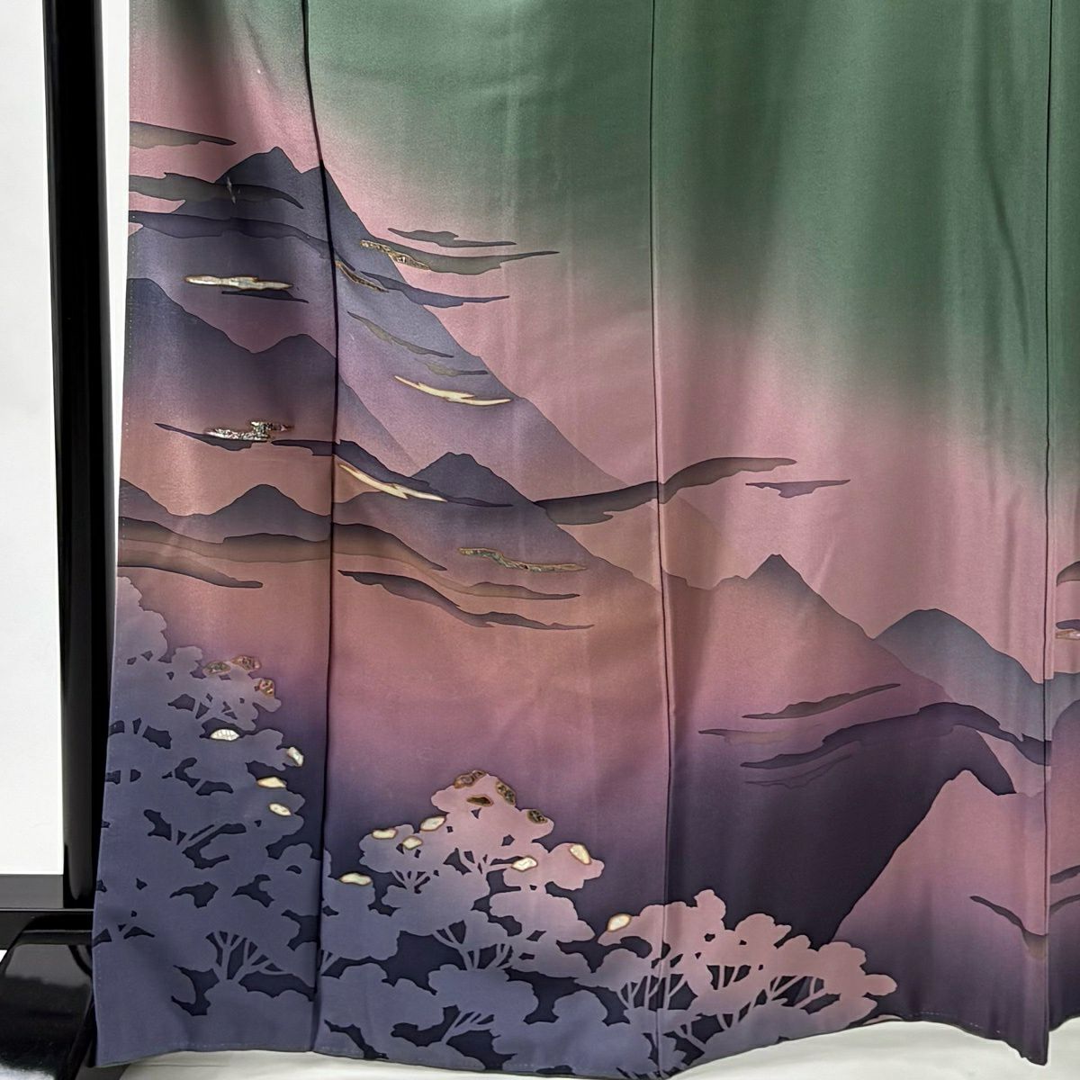 付下 身長165.5cm 袖長65.5cm M 雙層 落款 山並 霞 螺鈿 金銀彩 綠 純蠶絲 秀品級