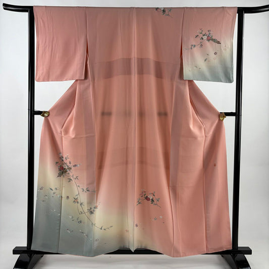 訪問服 身長158cm 袖長63cm S 雙層 落款 花筏 波紋 染分 漸層 粉紅 純蠶絲 優品級