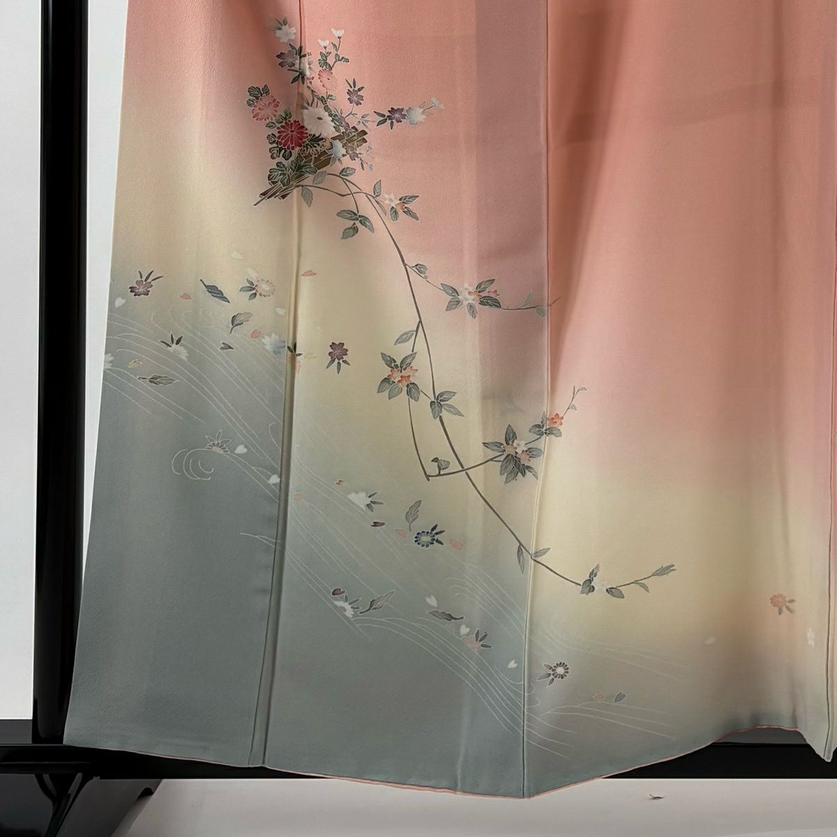 訪問服 身長158cm 袖長63cm S 雙層 落款 花筏 波紋 染分 漸層 粉紅 純蠶絲 優品級