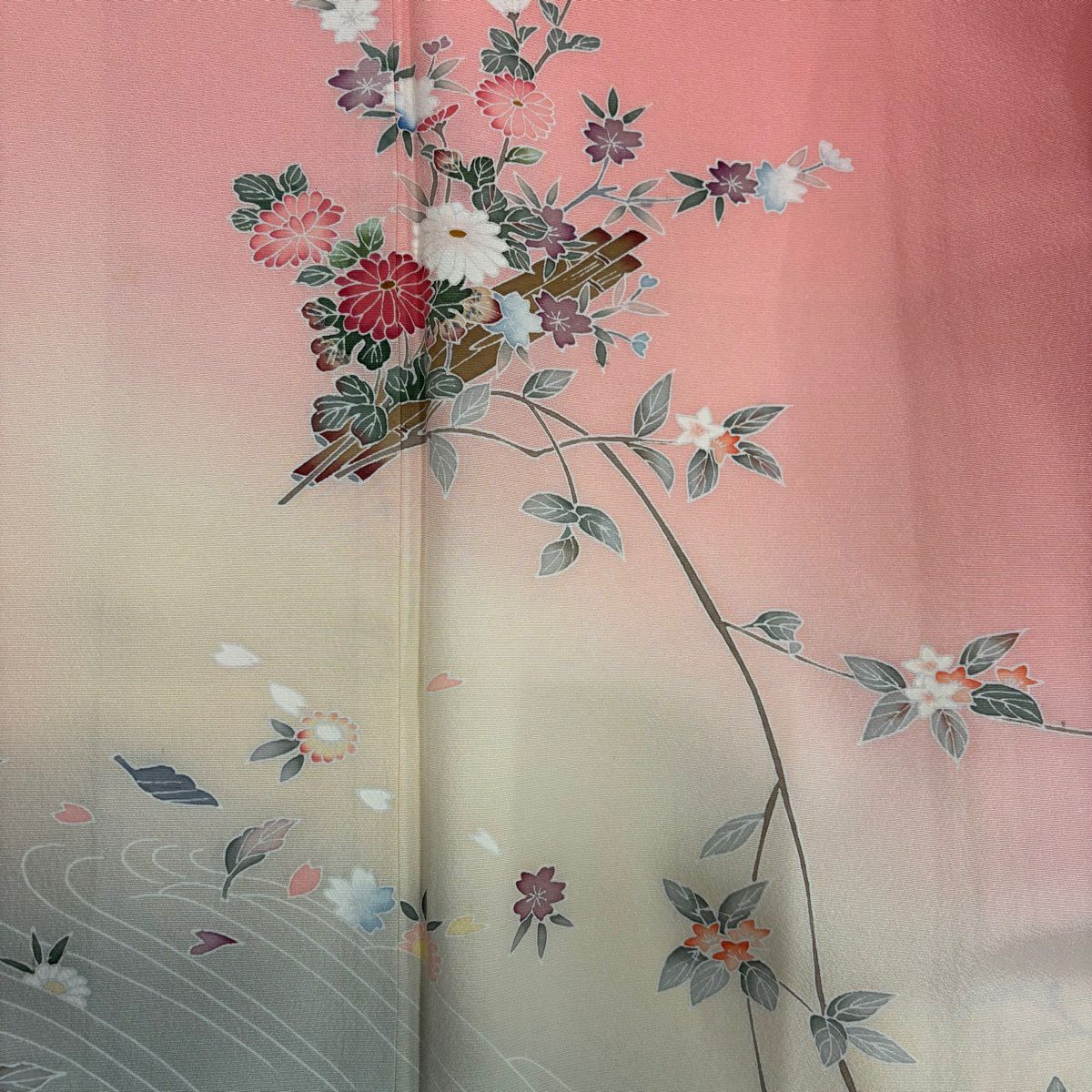 訪問服 身長158cm 袖長63cm S 雙層 落款 花筏 波紋 染分 漸層 粉紅 純蠶絲 優品級