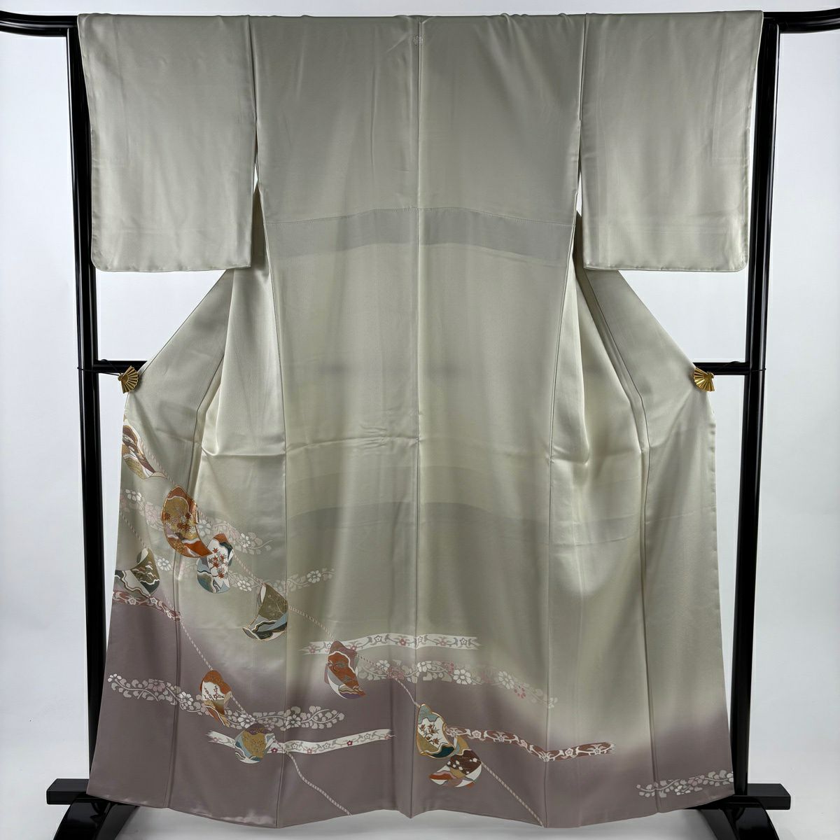 色留袖禮服 身長160.5cm 袖長64.5cm M 雙層 誰が袖 草花紋紋 金絲 金銀彩 淺綠 純蠶絲 優品級 一つ紋