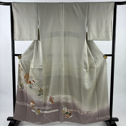 色留袖禮服 身長160.5cm 袖長64.5cm M 雙層 誰が袖 草花紋紋 金絲 金銀彩 淺綠 純蠶絲 優品級 一つ紋