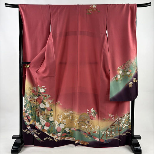 振袖禮服 身長167.5cm 袖長68cm L 雙層 花車 扇子 金絲 金銀彩 粉紅 純蠶絲 優品級