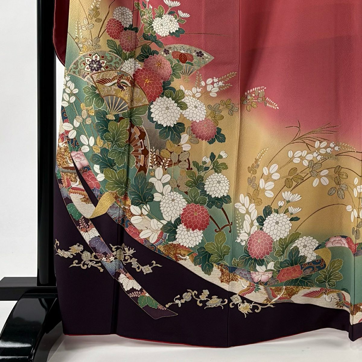 振袖禮服 身長167.5cm 袖長68cm L 雙層 花車 扇子 金絲 金銀彩 粉紅 純蠶絲 優品級