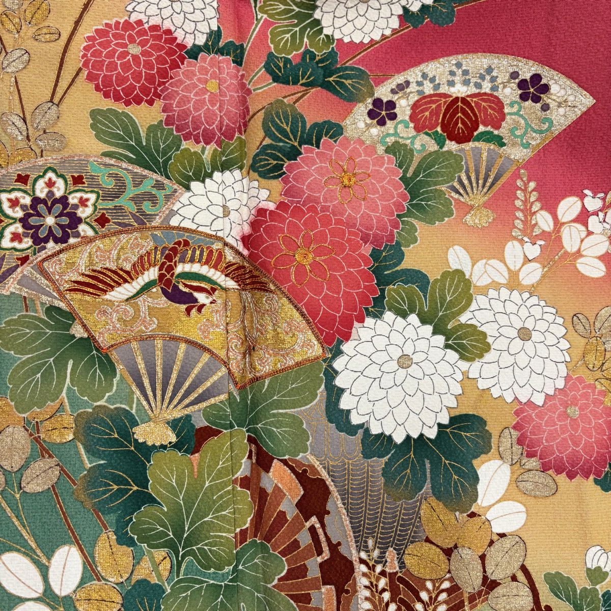 振袖禮服 身長167.5cm 袖長68cm L 雙層 花車 扇子 金絲 金銀彩 粉紅 純蠶絲 優品級