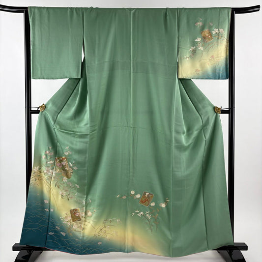 【美品】訪問服 身長163cm 袖長65cm M 雙層 色紙 草花紋紋 金銀彩 刺繡 薄綠 純蠶絲 秀品級
