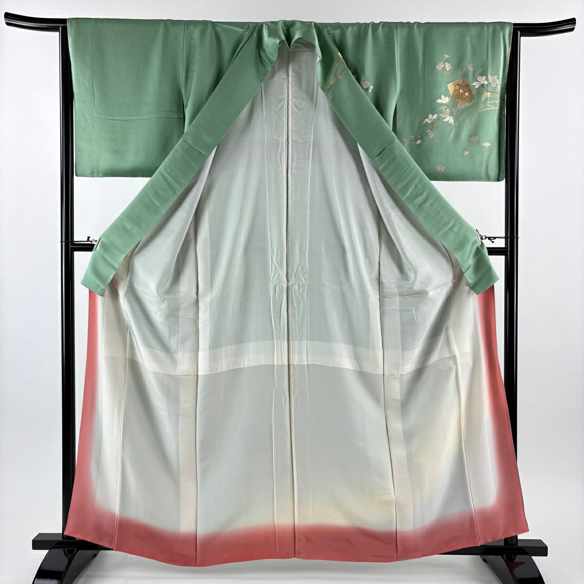 【美品】訪問服 身長163cm 袖長65cm M 雙層 色紙 草花紋紋 金銀彩 刺繡 薄綠 純蠶絲 秀品級