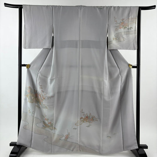 訪問服 身長163cm 袖長62.5cm S 雙層 草花紋紋 舟刺繡 灰 純蠶絲 秀品級