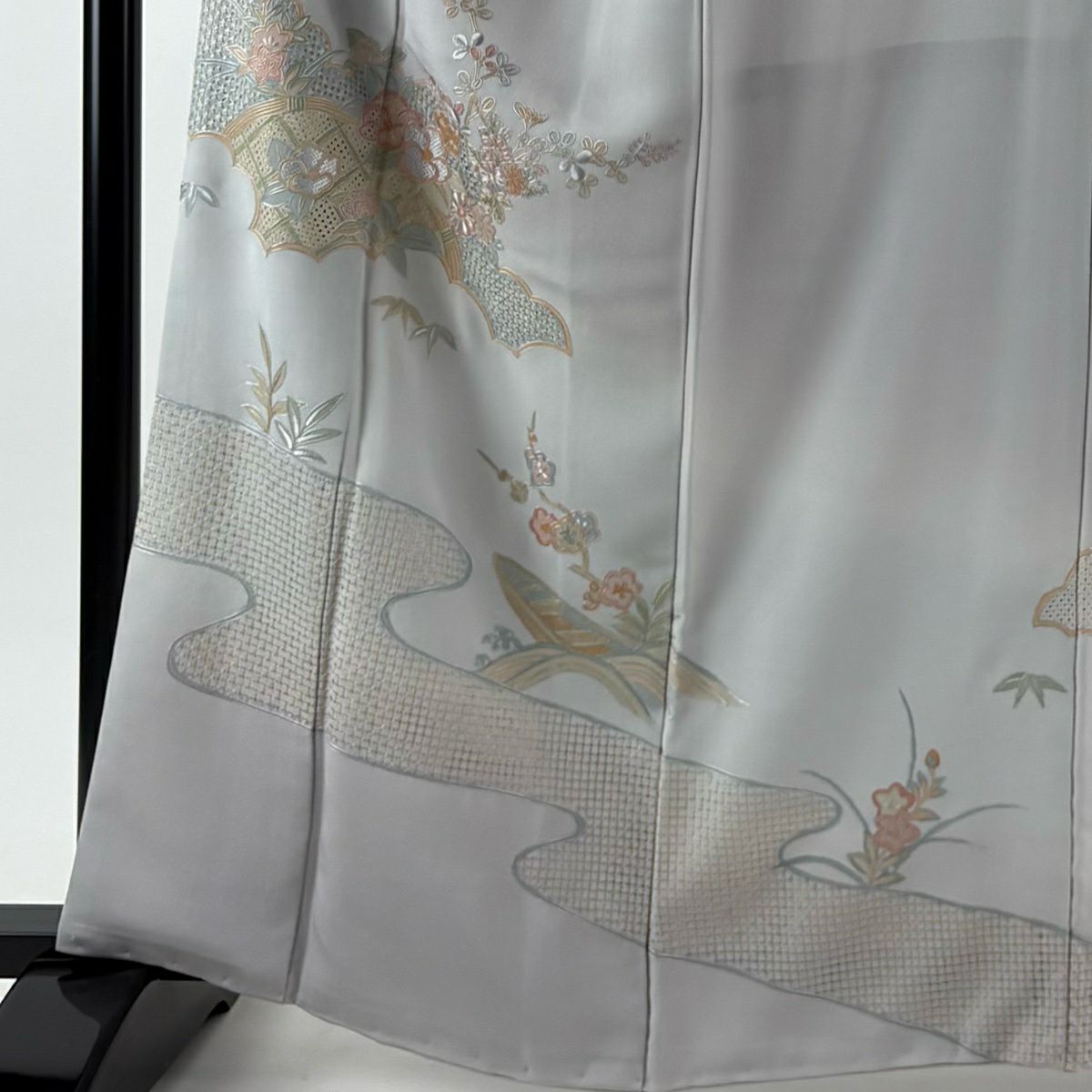 訪問服 身長163cm 袖長62.5cm S 雙層 草花紋紋 舟刺繡 灰 純蠶絲 秀品級