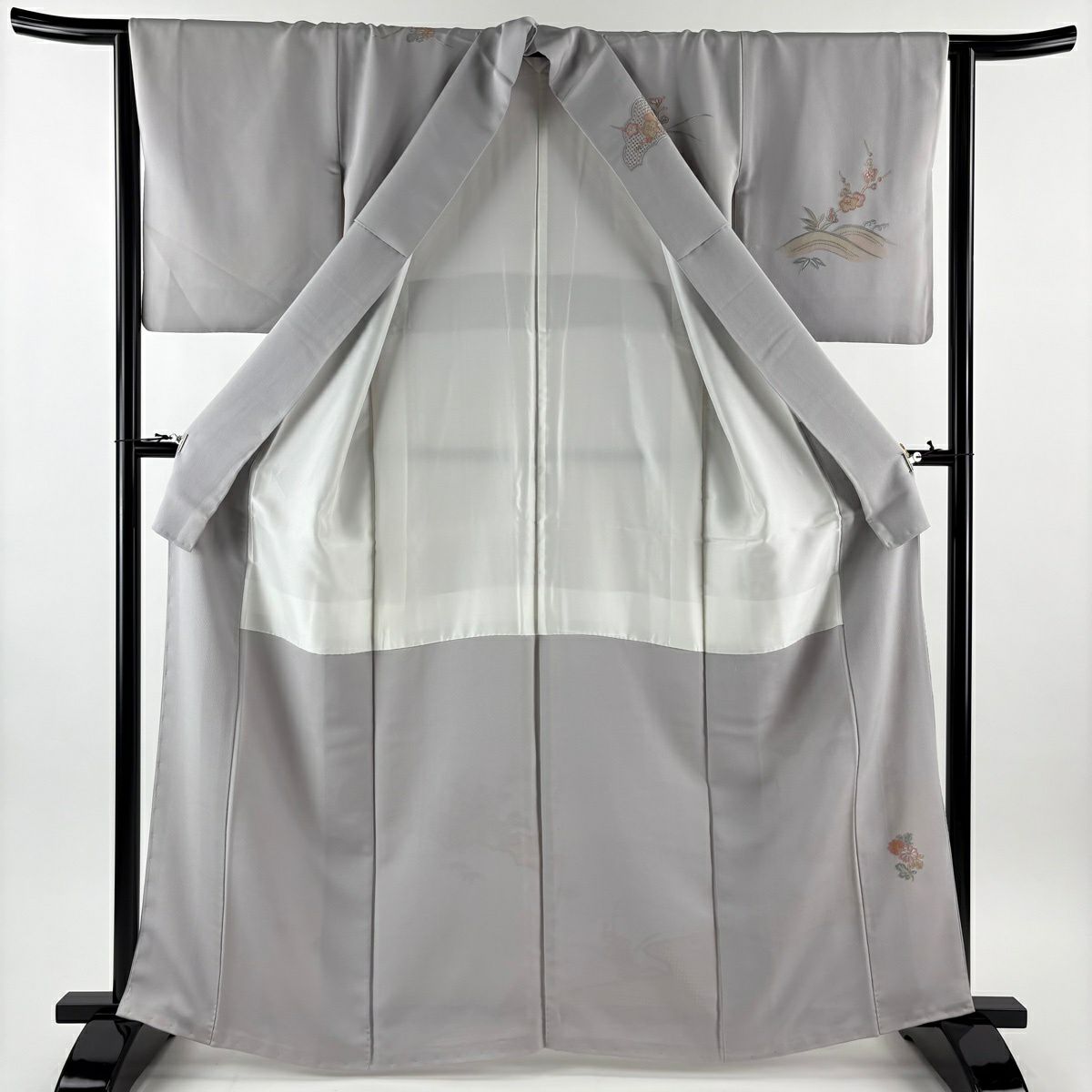 訪問服 身長163cm 袖長62.5cm S 雙層 草花紋紋 舟刺繡 灰 純蠶絲 秀品級