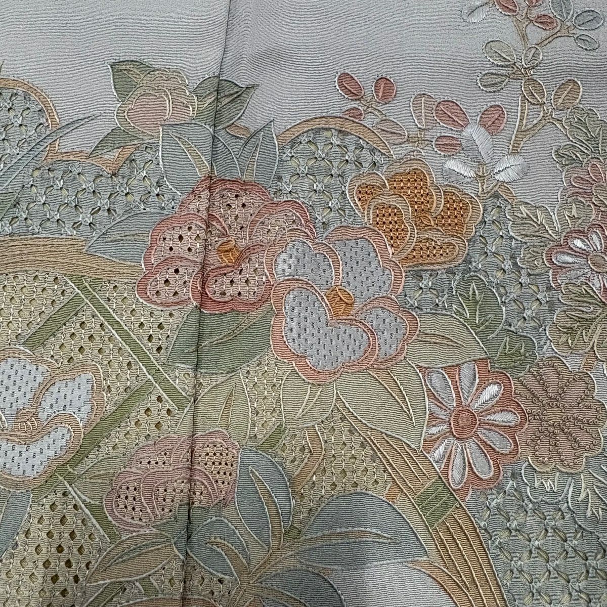 訪問服 身長163cm 袖長62.5cm S 雙層 草花紋紋 舟刺繡 灰 純蠶絲 秀品級