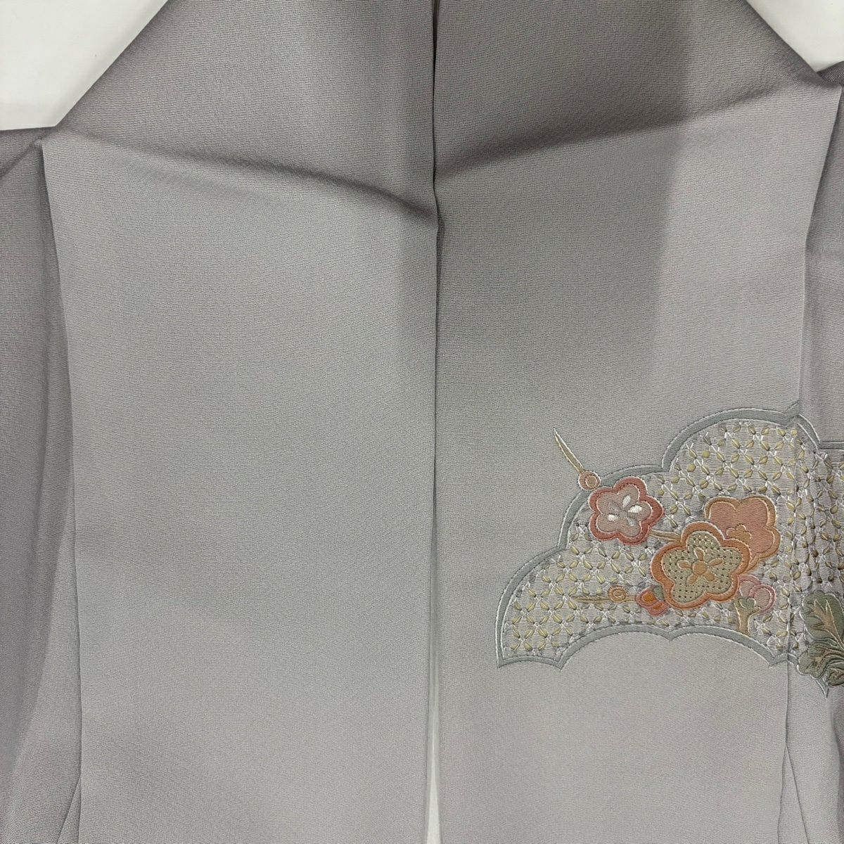 訪問服 身長163cm 袖長62.5cm S 雙層 草花紋紋 舟刺繡 灰 純蠶絲 秀品級