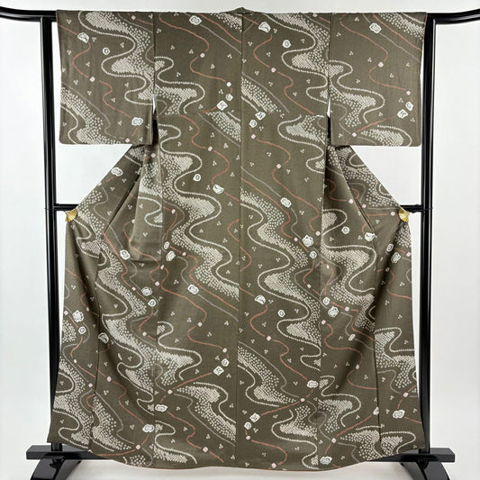 【美品】 小紋 身長161cm 袖長62.5cm S 雙層 流水 花 絞染 茶綠 純蠶絲 秀品級