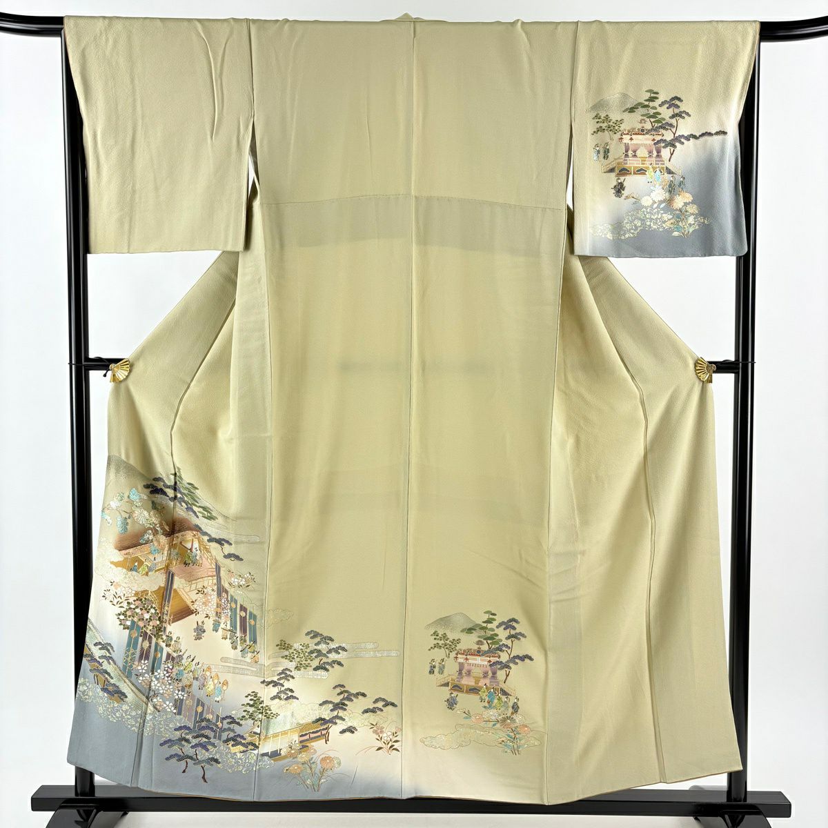 付下 身長156cm 袖長66.5cm M 雙層 風景 人物 金銀彩 漸層 灰綠 純蠶絲 優品級
