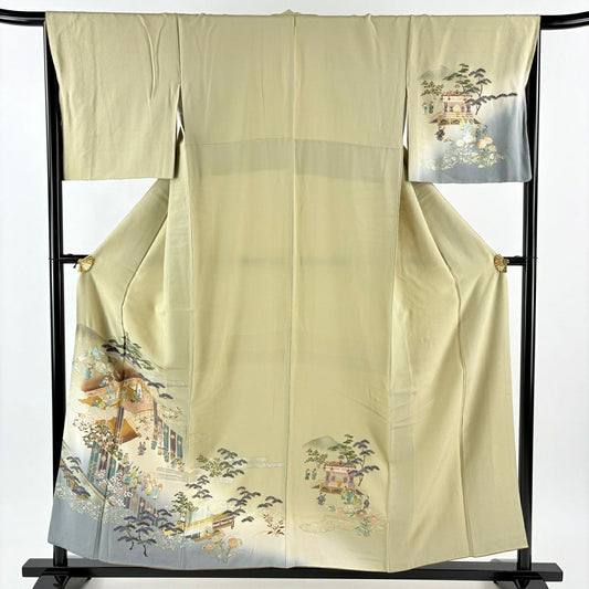 付下 身長156cm 袖長66.5cm M 雙層 風景 人物 金銀彩 漸層 灰綠 純蠶絲 優品級