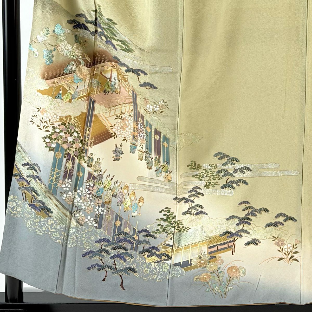 付下 身長156cm 袖長66.5cm M 雙層 風景 人物 金銀彩 漸層 灰綠 純蠶絲 優品級