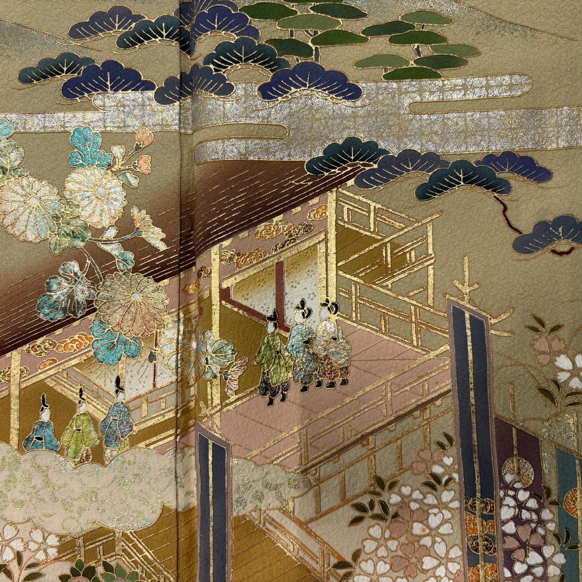 付下 身長156cm 袖長66.5cm M 雙層 風景 人物 金銀彩 漸層 灰綠 純蠶絲 優品級