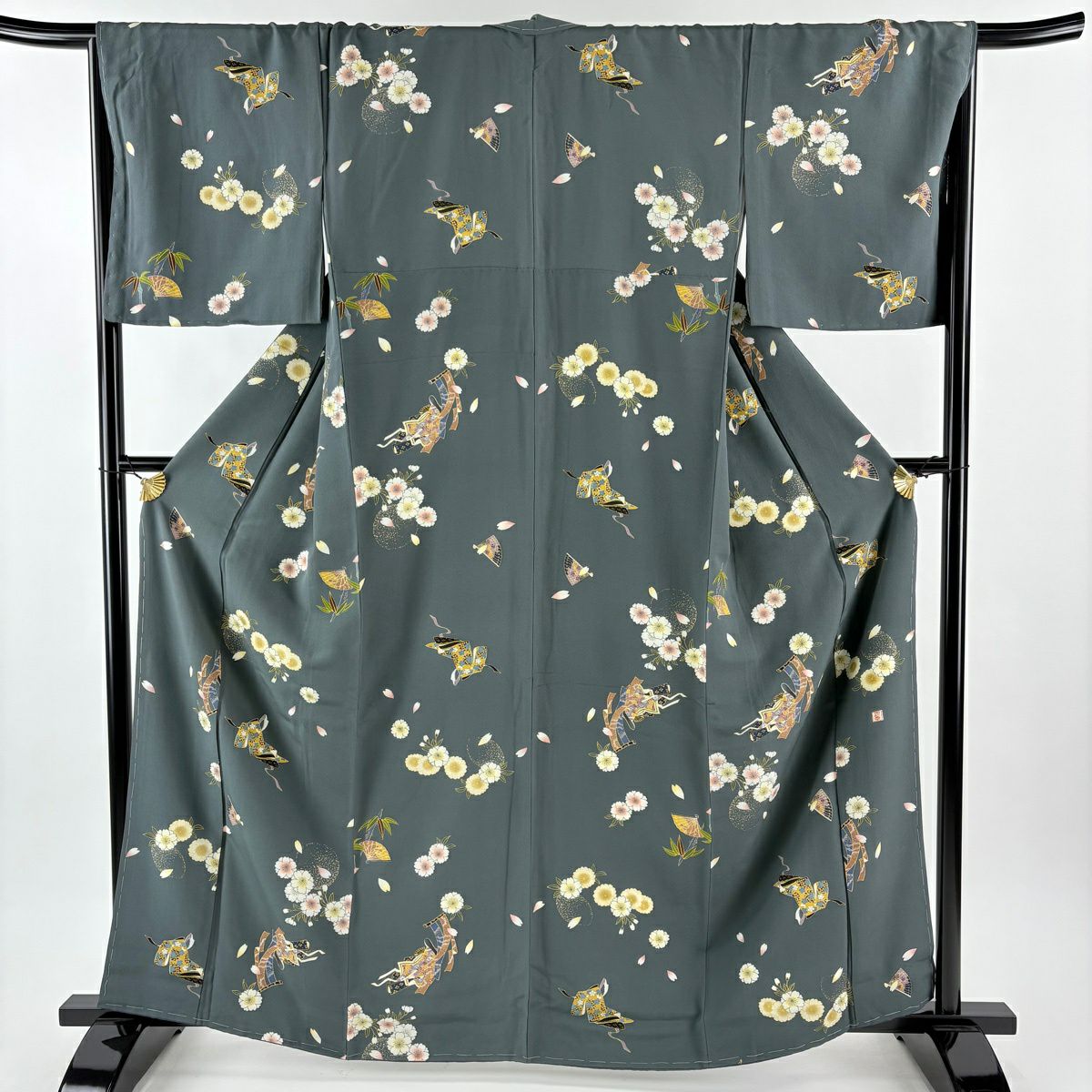 【美品】 小紋 身長162cm 袖長67cm M 雙層 落款あり 櫻花 誰袖 金銀彩 深綠 純蠶絲 秀品級