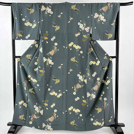 【美品】 小紋 身長162cm 袖長67cm M 雙層 落款あり 櫻花 誰袖 金銀彩 深綠 純蠶絲 秀品級