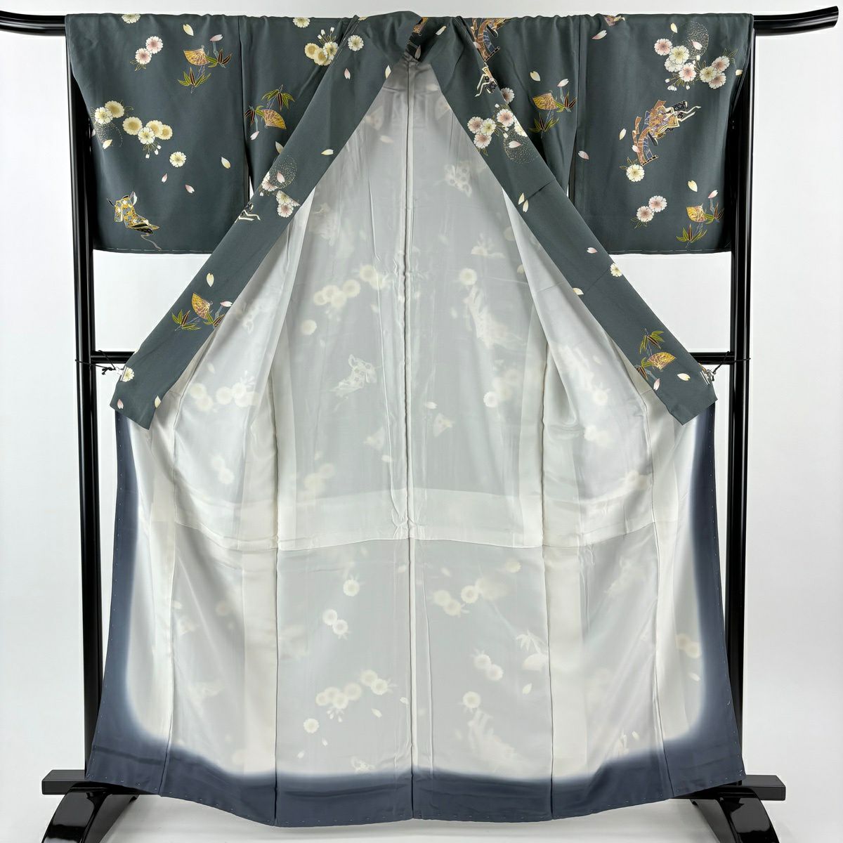 【美品】 小紋 身長162cm 袖長67cm M 雙層 落款あり 櫻花 誰袖 金銀彩 深綠 純蠶絲 秀品級