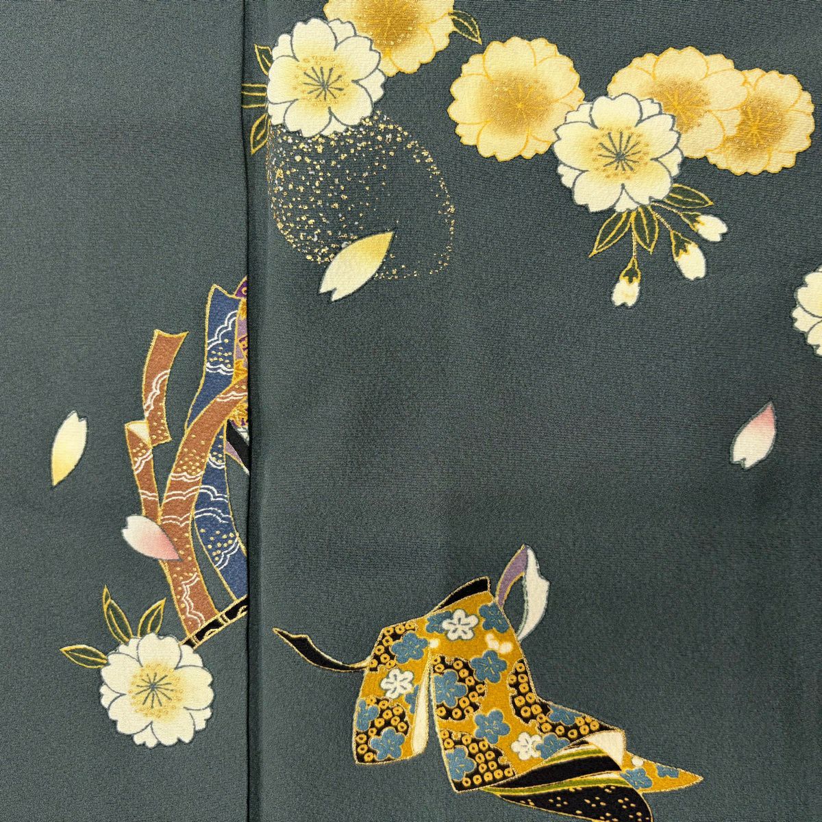 【美品】 小紋 身長162cm 袖長67cm M 雙層 落款あり 櫻花 誰袖 金銀彩 深綠 純蠶絲 秀品級
