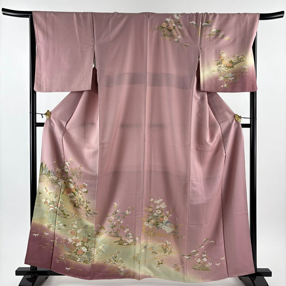 【美品】訪問服 身長162cm 袖長67cm M 雙層 松樹竹子梅花 寶盡くし 金銀彩 染分 粉紅 純蠶絲 秀品級