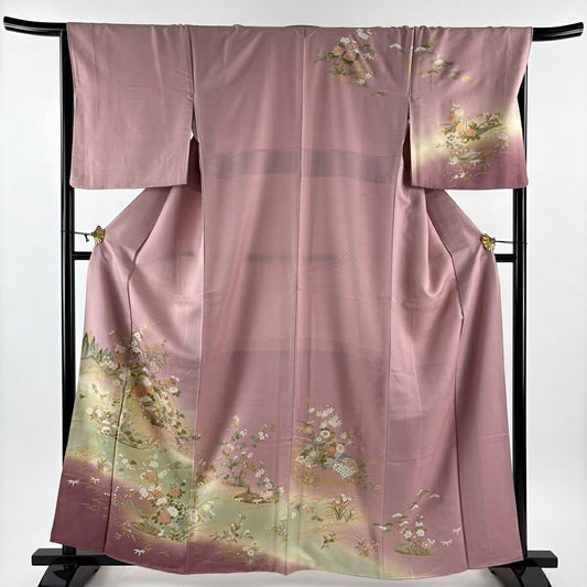 【美品】訪問服 身長162cm 袖長67cm M 雙層 松樹竹子梅花 寶盡くし 金銀彩 染分 粉紅 純蠶絲 秀品級