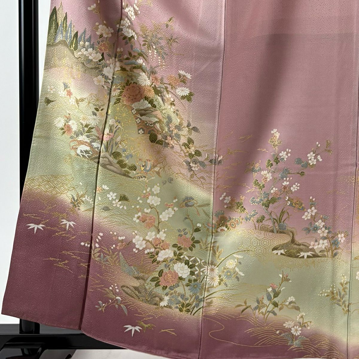 【美品】訪問服 身長162cm 袖長67cm M 雙層 松樹竹子梅花 寶盡くし 金銀彩 染分 粉紅 純蠶絲 秀品級