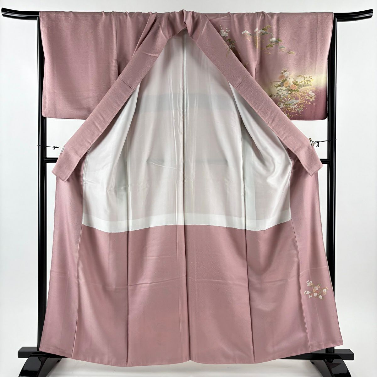 【美品】訪問服 身長162cm 袖長67cm M 雙層 松樹竹子梅花 寶盡くし 金銀彩 染分 粉紅 純蠶絲 秀品級