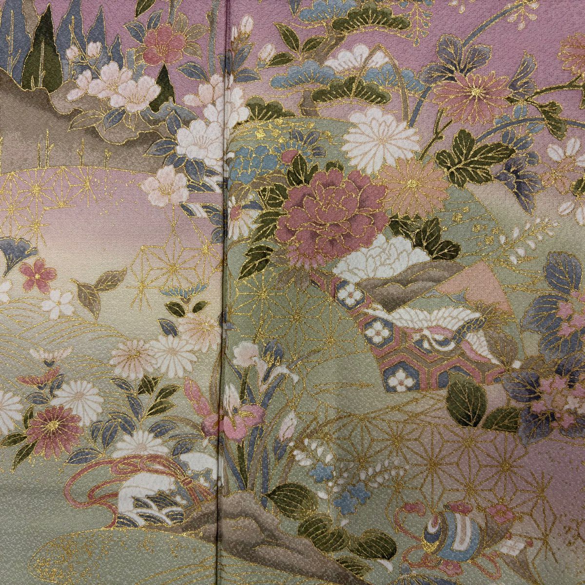 【美品】訪問服 身長162cm 袖長67cm M 雙層 松樹竹子梅花 寶盡くし 金銀彩 染分 粉紅 純蠶絲 秀品級