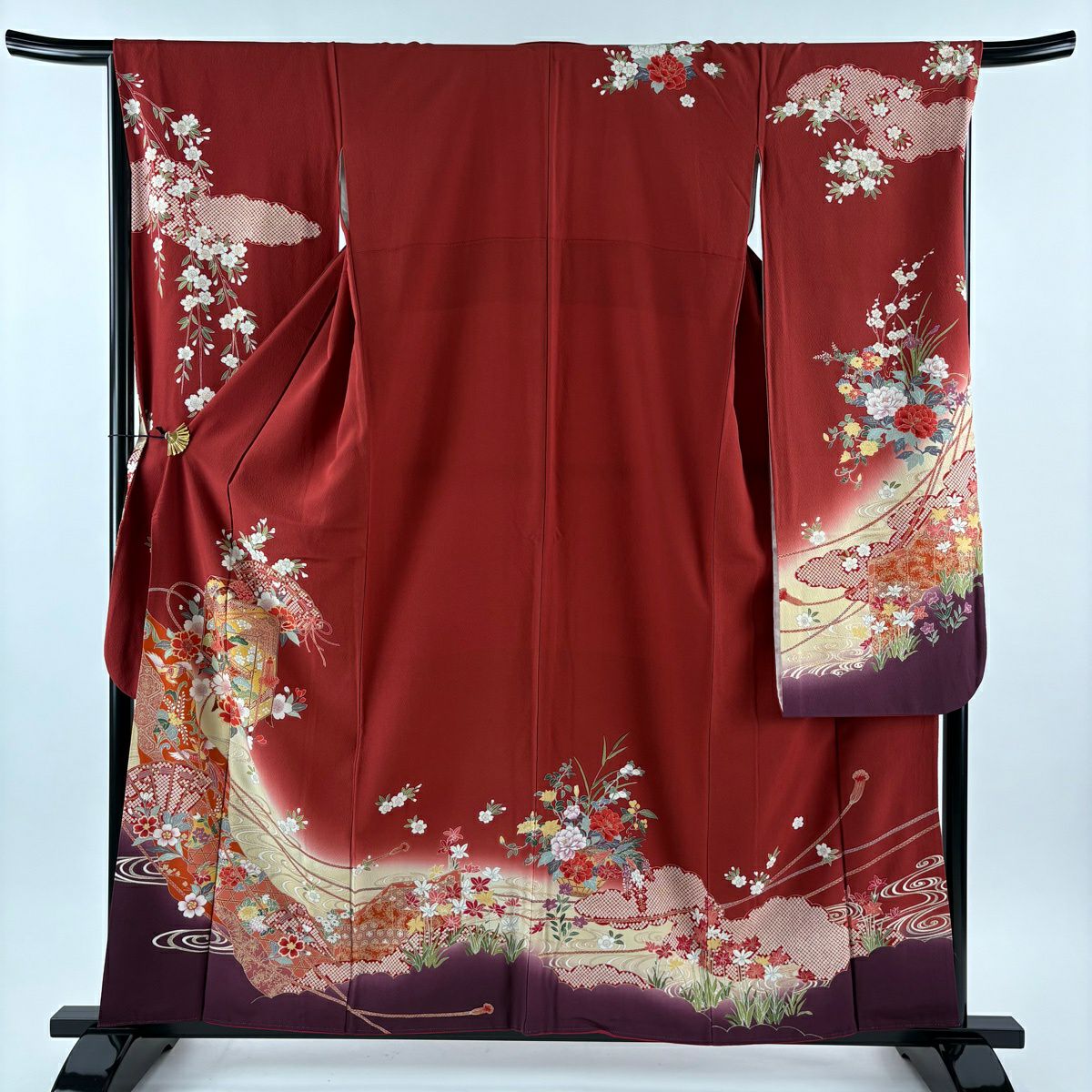 振袖禮服 身長159cm 袖長67cm M 雙層 貝桶 檜扇子 金銀彩 染分 紅 純蠶絲 秀品級