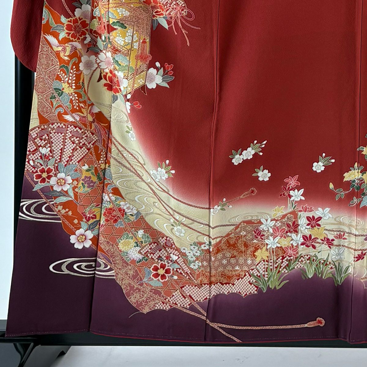 振袖禮服 身長159cm 袖長67cm M 雙層 貝桶 檜扇子 金銀彩 染分 紅 純蠶絲 秀品級