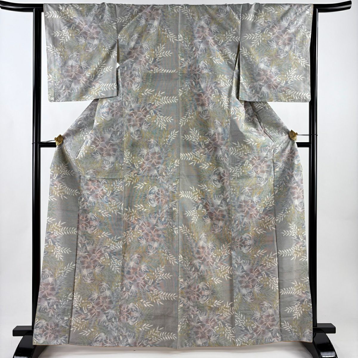 【美品】 紬織 身長167cm 袖長64cm M 雙層 大和 草花紋 葉紋 灰 純蠶絲 優品級
