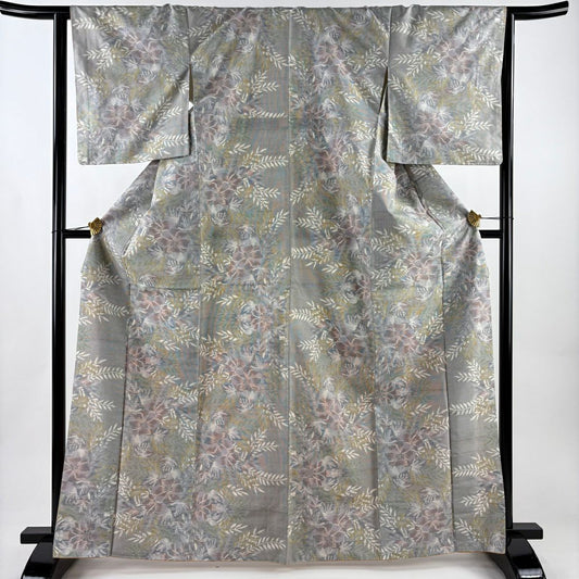 【美品】 紬織 身長167cm 袖長64cm M 雙層 大和 草花紋 葉紋 灰 純蠶絲 優品級