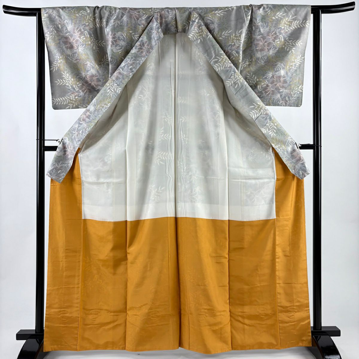 【美品】 紬織 身長167cm 袖長64cm M 雙層 大和 草花紋 葉紋 灰 純蠶絲 優品級