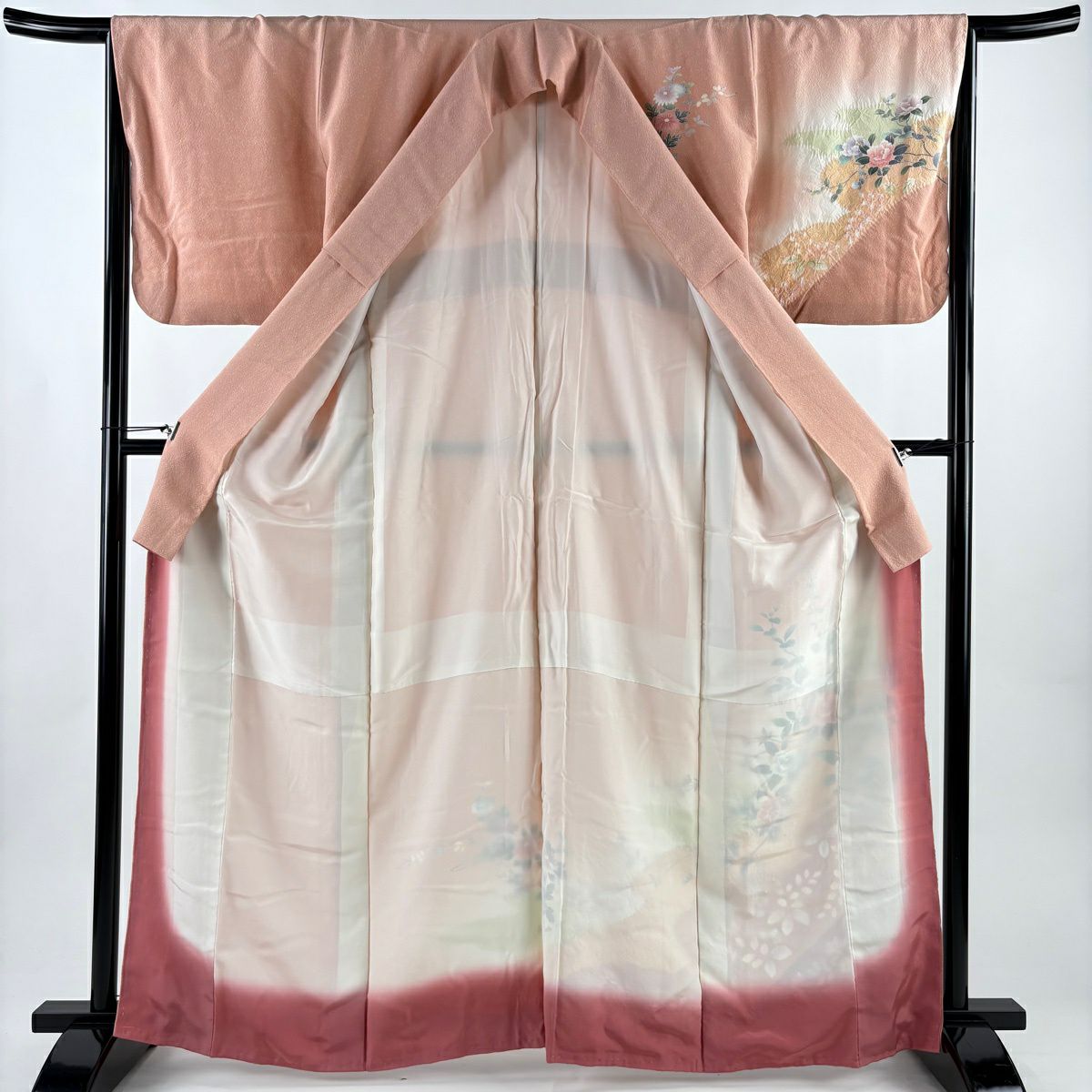 訪問服 身長164.5cm 袖長65.5cm M 雙層 枝花 霞 金銀彩 絞染 鮭粉色 純蠶絲 秀品級