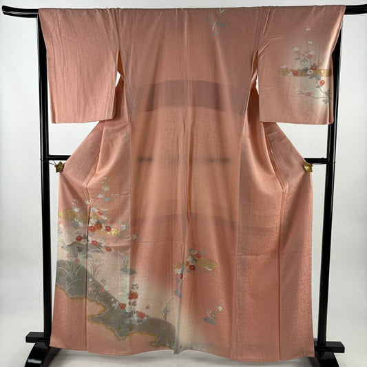 訪問服 身長162cm 袖長67cm M 雙層 菊花 雲紋 金彩裝飾 漸層 鮭粉色 純蠶絲 優品級