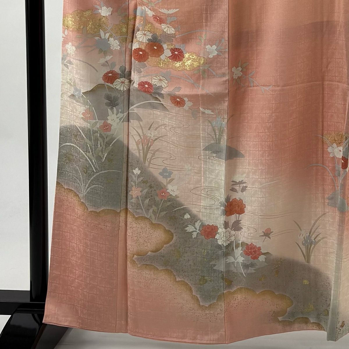 訪問服 身長162cm 袖長67cm M 雙層 菊花 雲紋 金彩裝飾 漸層 鮭粉色 純蠶絲 優品級