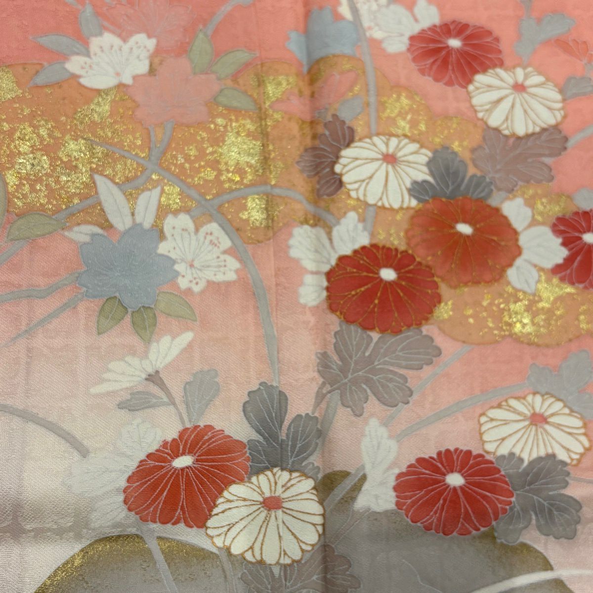 訪問服 身長162cm 袖長67cm M 雙層 菊花 雲紋 金彩裝飾 漸層 鮭粉色 純蠶絲 優品級