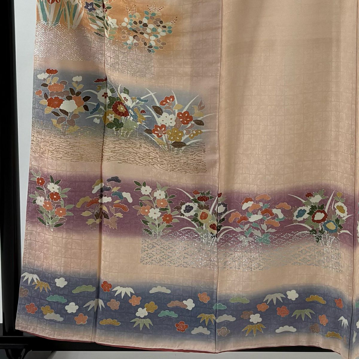 訪問服 身長159cm 袖長67cm M 雙層 秋草 紗綾形 金銀彩 漸層 鮭粉色 純蠶絲 優品級
