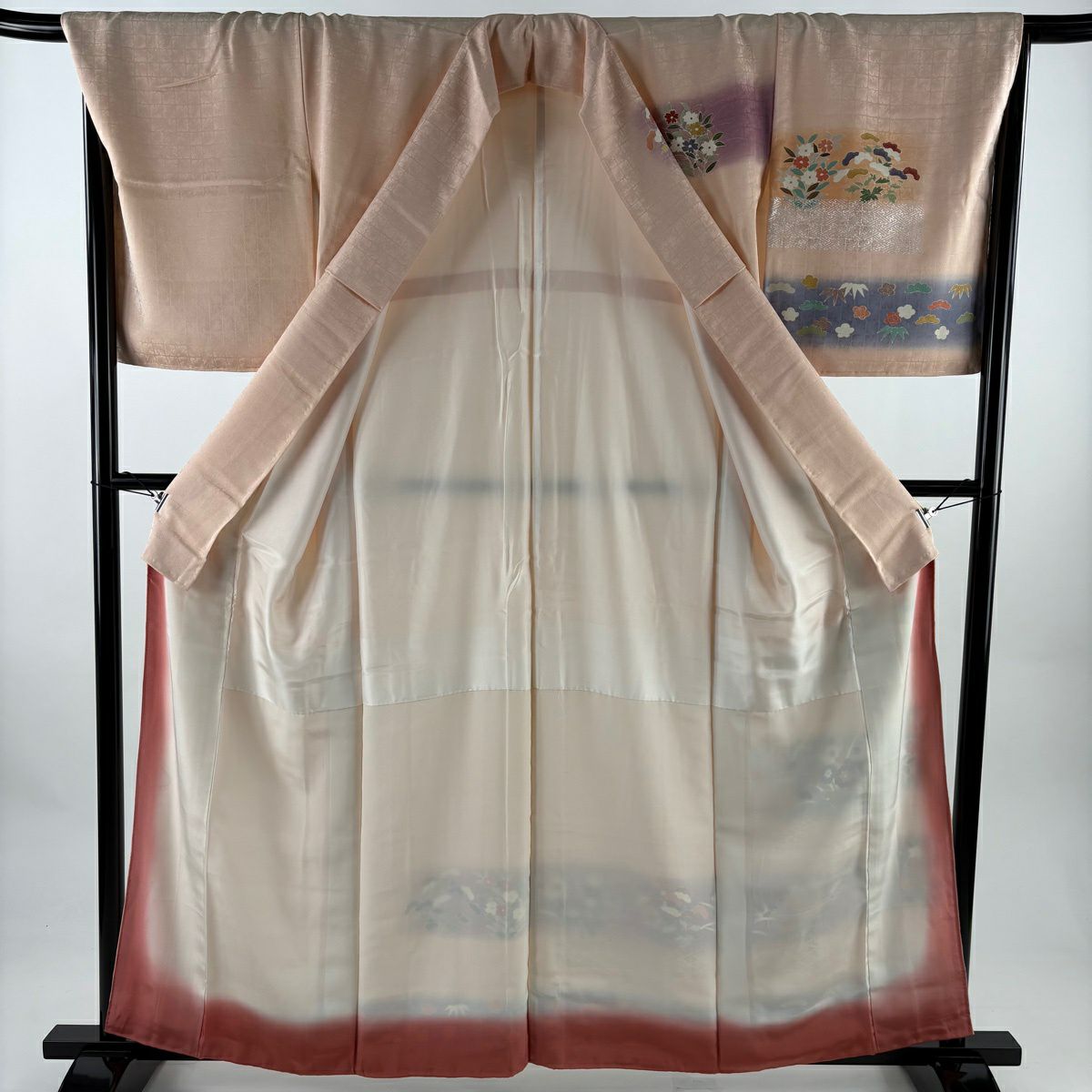 訪問服 身長159cm 袖長67cm M 雙層 秋草 紗綾形 金銀彩 漸層 鮭粉色 純蠶絲 優品級