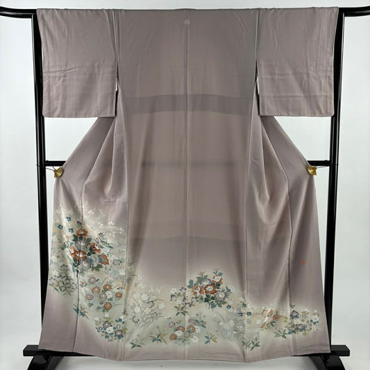 色留袖禮服 身長157.5cm 袖長64.5cm M 雙層 落款有 草花紋紋 枝梅花 金銀彩 漸層 灰紫 純蠶絲 優品級 一個紋