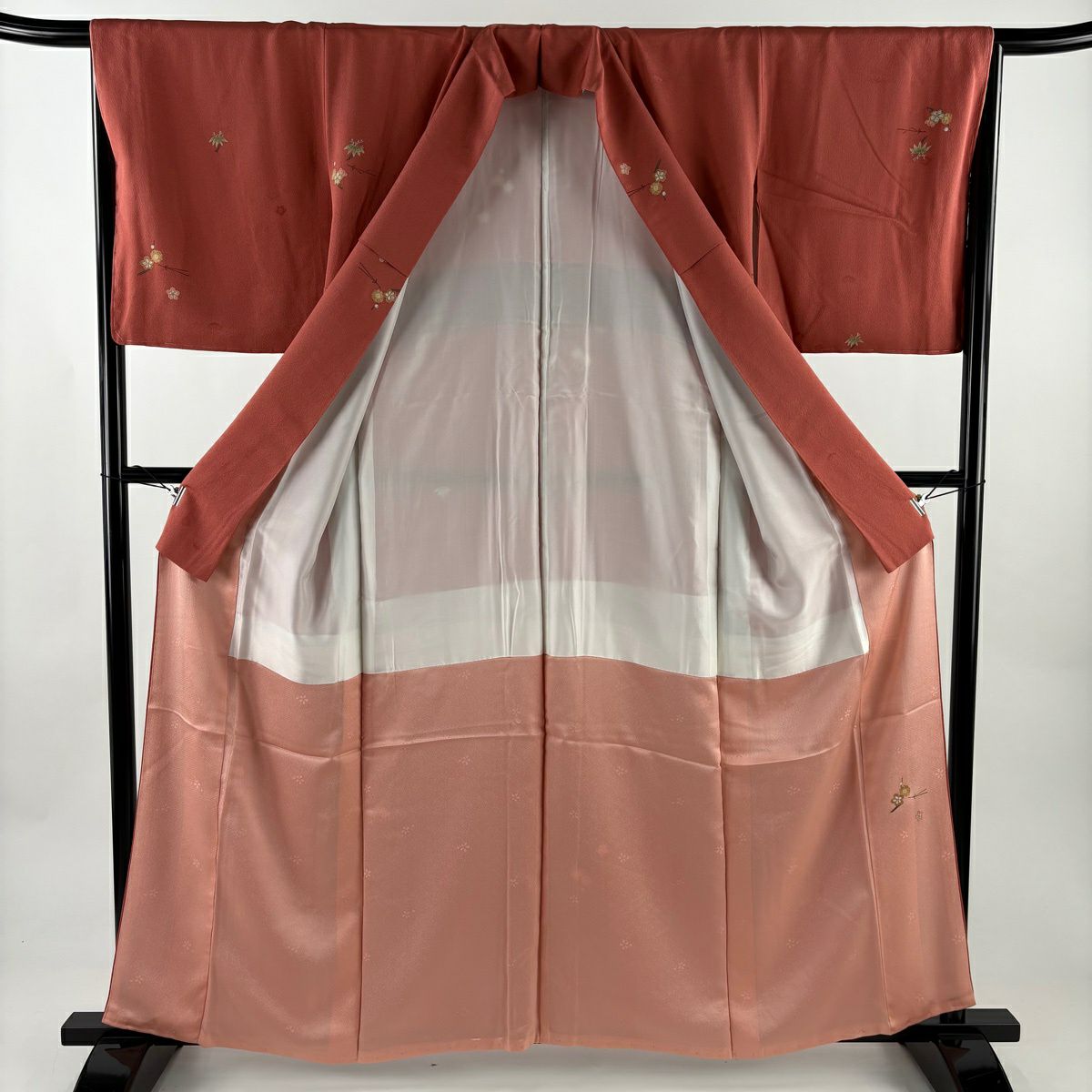 小紋 身長159.5cm 袖長66cm M 雙層 松樹竹子梅花 金銀彩 鮭粉色 純蠶絲 秀品級
