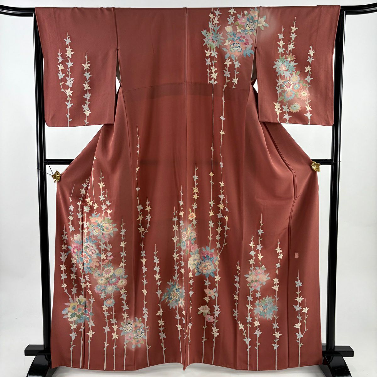 訪問服 身長164.5cm 袖長64cm M 雙層 落款あり 草花紋紋 牡丹 染分 ぼかし 紅茶 純蠶絲 秀品級 一つ紋